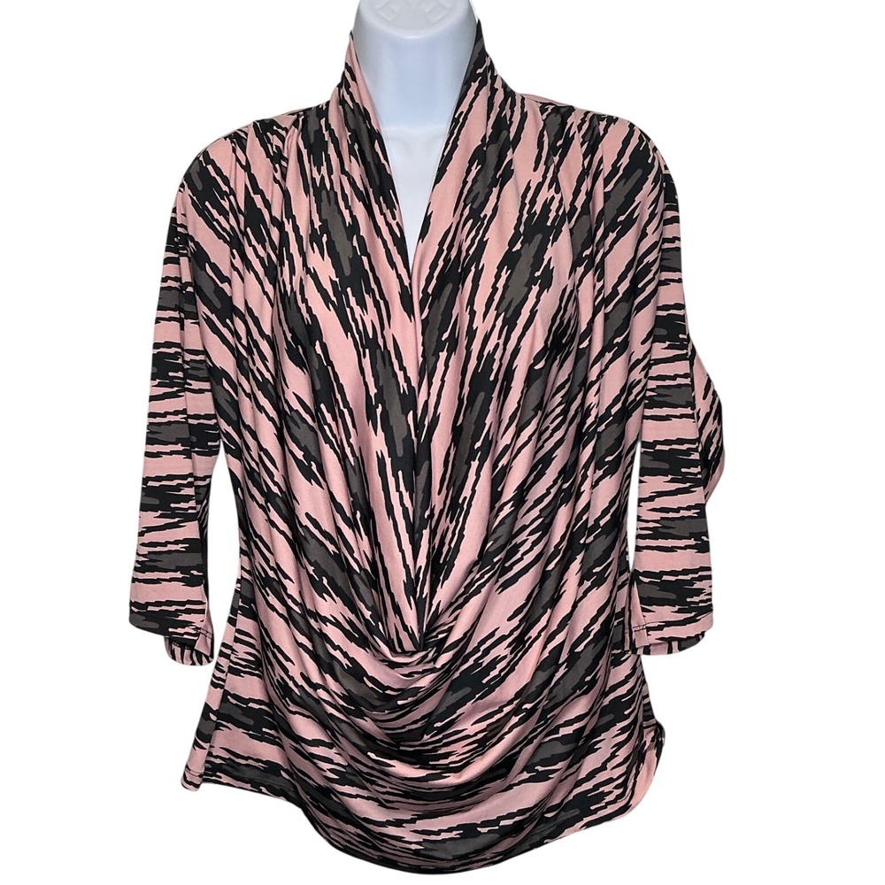 ECI Womens Pink Black Gray Drape Neck Top Sz M‎ Abstract Modern Print Stretchy
